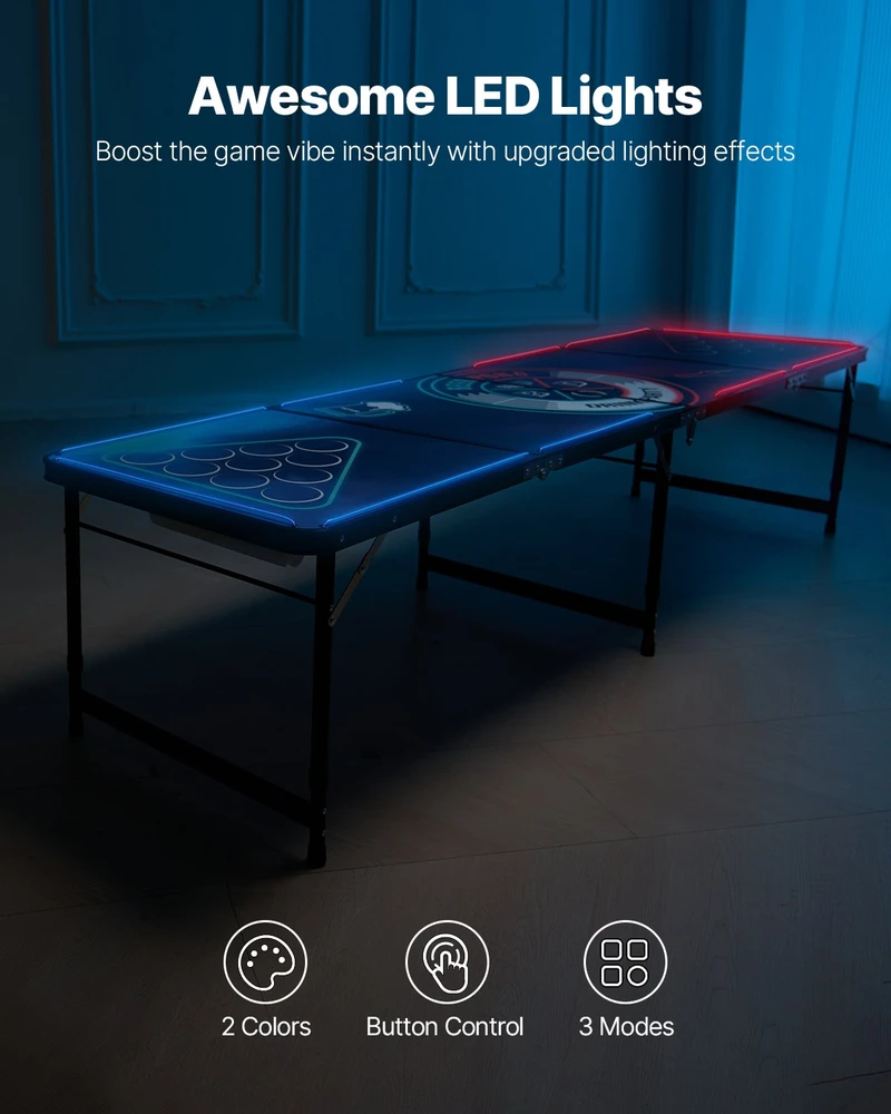 VEVOR Nešiojamas 2,4 m beer pong stalas su LED