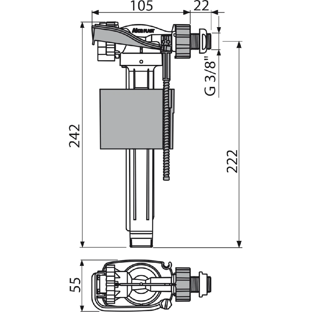 Alca plast A160P-3/8", šoninio pripildymo mechanizmas ALCADRAIN 3/8" RĖMUI