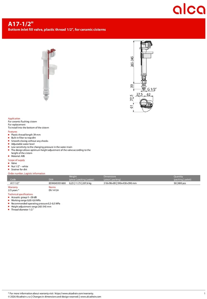WC prileidimo mechanizmas AlcaPlast, apatinio pajungimo 1/2