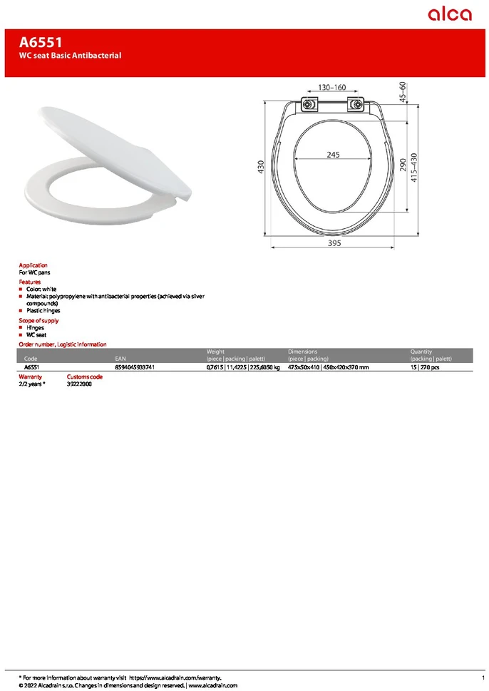 Alcadrain Alca plast A6551 BASIC, dangtis baltas