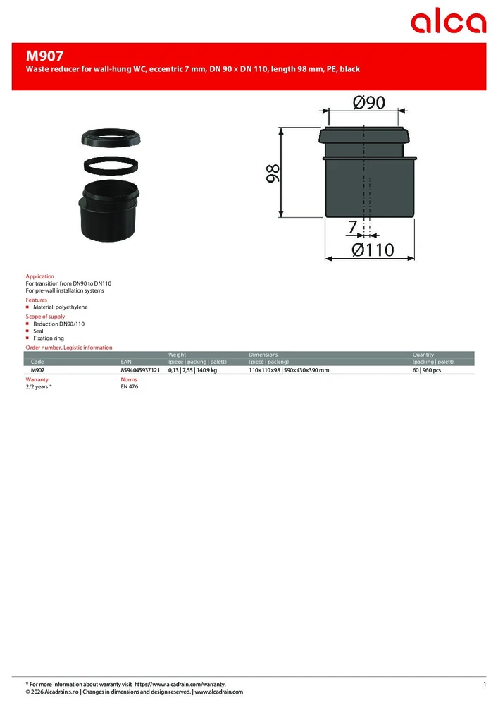 Alca plast perėjimas Alcadrain M907, DN90/110