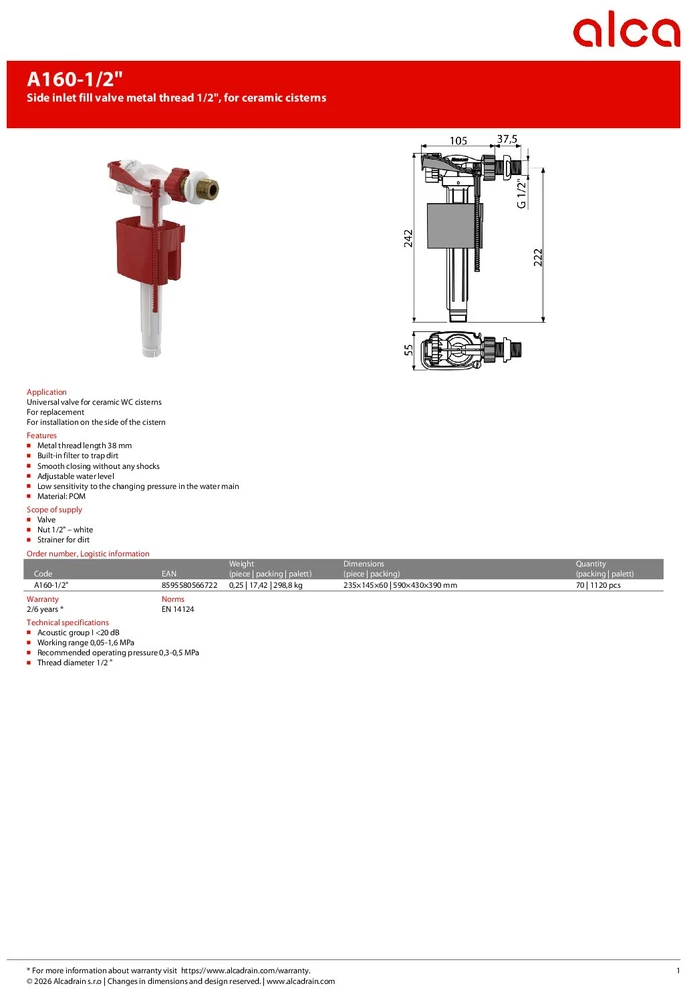Alca plast šoninio vandens pripildymo mechanizmas Alcadrain A160 1/2", metaliniu sriegiu