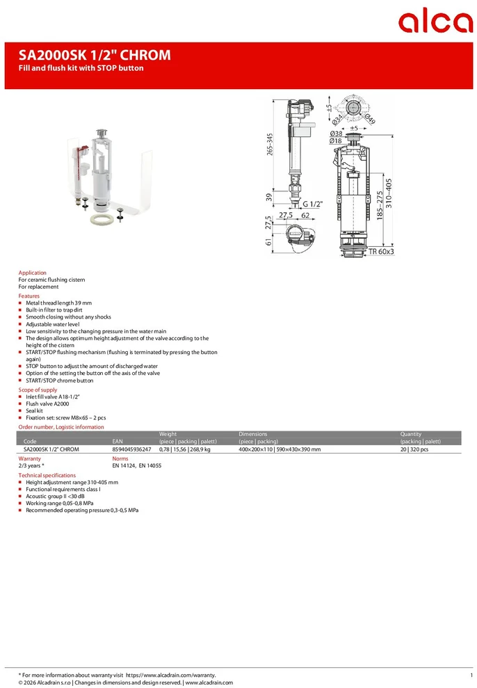 Alca plast vandens nuleidimo ir apatinio pripildymo mechanizmo komplektas Alcadrain SA2000SK 3/8" CHROM, su STOP mygtuku
