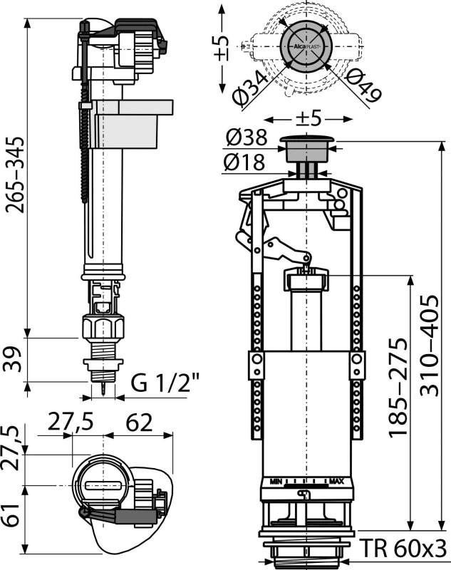 Alca plast vandens nuleidimo ir apatinio pripildymo mechanizmo komplektas Alcadrain SA2000SK 3/8" CHROM, su STOP mygtuku