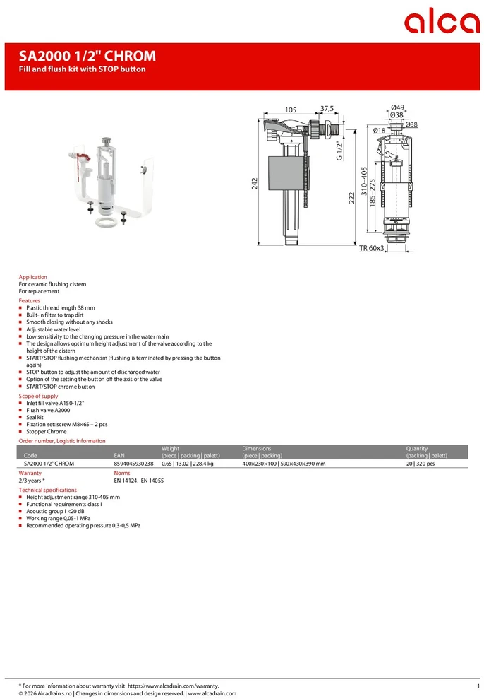 WC mechanizmų komplektas AlcaPlast, prileidimas šoninio pripildymo, nuleidimas su Stop mechanizmu