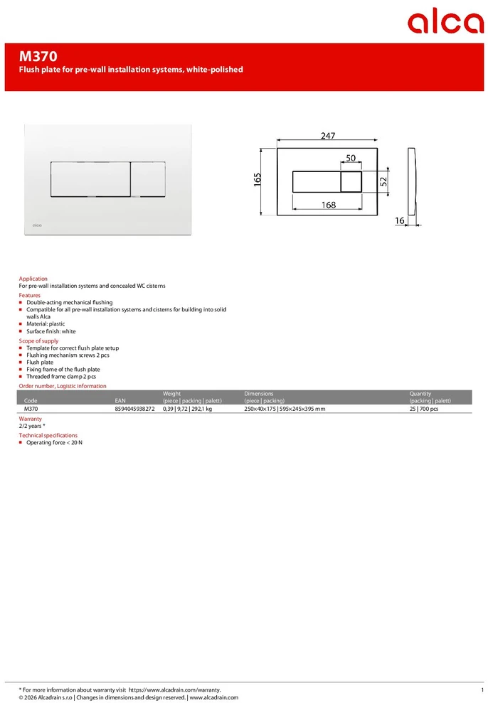 Alca plast vandens nuleidimo mygtukas Alcadrain M370, baltas