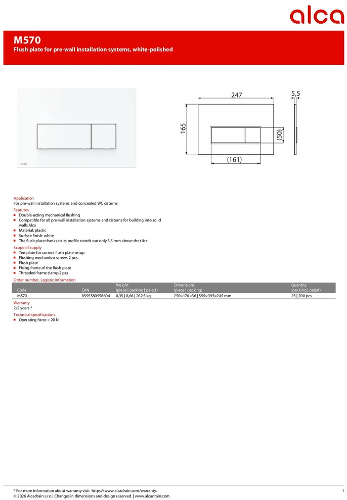 Alca plast vandens nuleidimo mygtukas Alcadrain M570, baltas