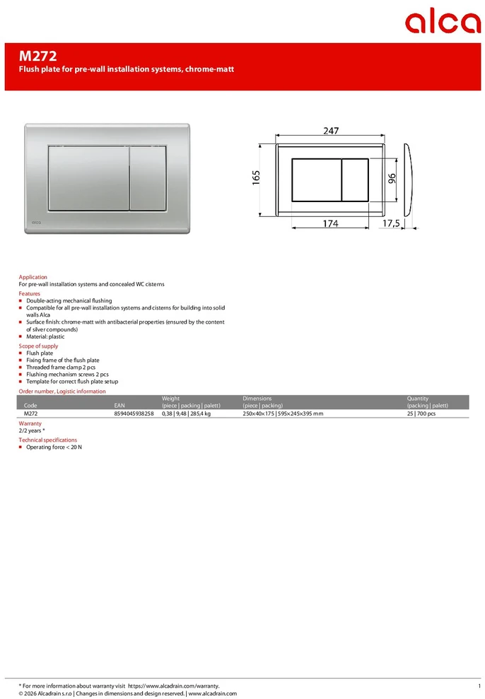Alca plast vandens nuleidimo mygtukas Alcadrain M272, matinis chromuotas