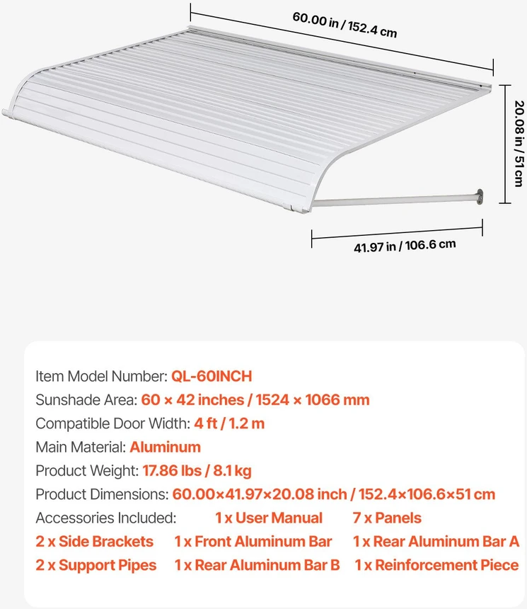 VEVOR Aliuminio durų stogelis 152x107 cm