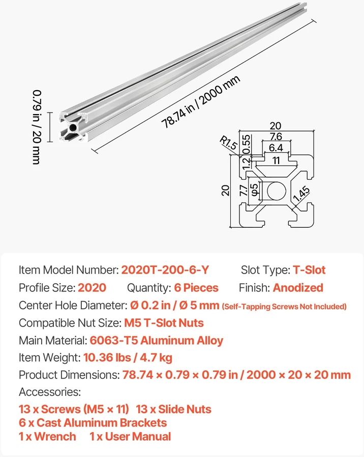 VEVOR 6 vnt. 2020 aliuminio profilių 2000 mm