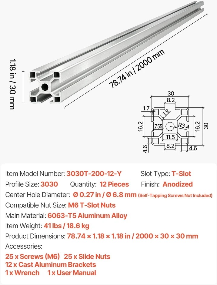 VEVOR 3030 aliuminio profilis 2000 mm, 12 vnt.