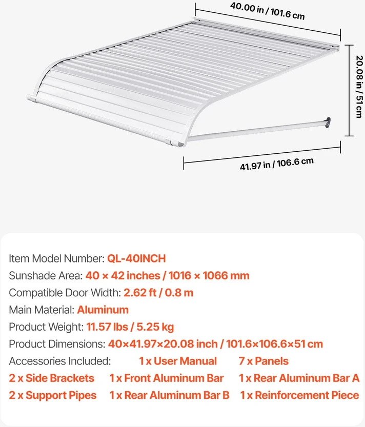 VEVOR Langų ir durų pastogė 101x106 cm aliuminio