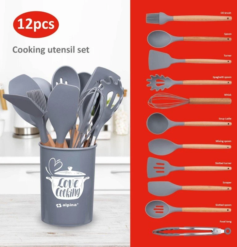 Alpina - Set of silicone kitchen utensils with a stand, 12 pieces