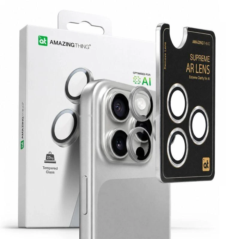 AmazingThing AR aliuminio 3 lęšių stiklas su kameros objektyvo rėmeliu, skirta iPhone 16 Pro / 16 Pro Max - Sidabrinė