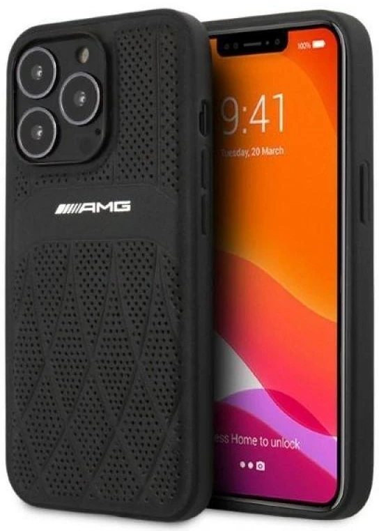 Mercedes AMG AMHCP13LOSDBK Apple iPhone 13 Pro / 13 6.1″ juodos spalvos kietas dėklas with Leather Curved Lines