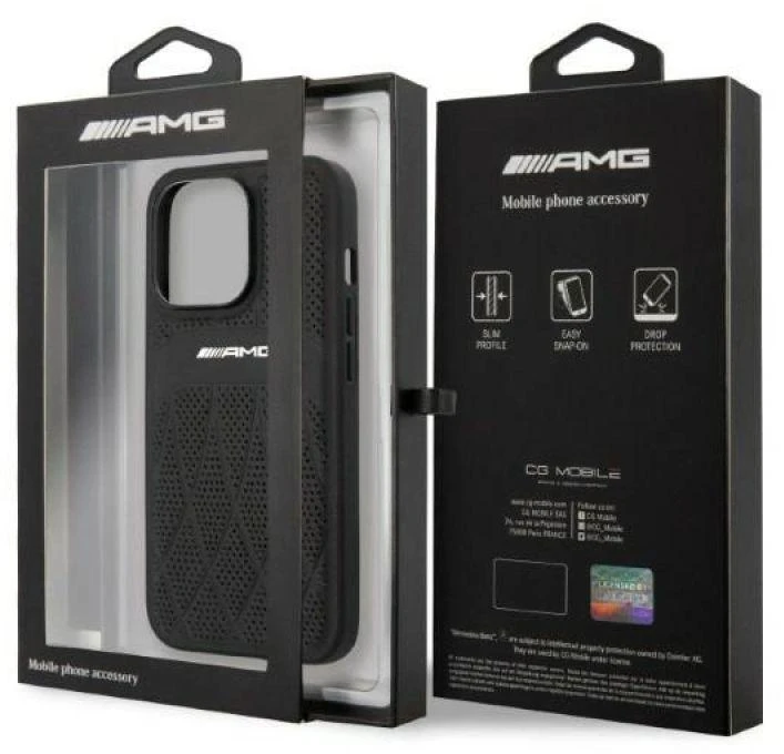 Mercedes AMG AMHCP13LOSDBK Apple iPhone 13 Pro / 13 6.1″ juodos spalvos kietas dėklas with Leather Curved Lines