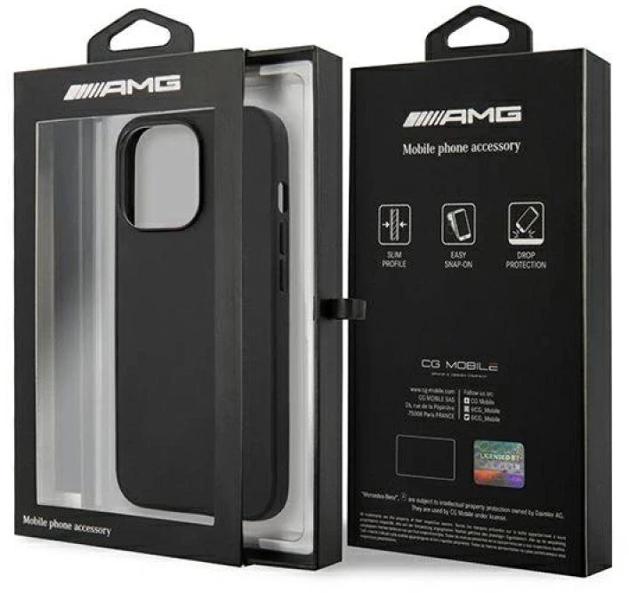 Mercedes AMG AMHCP14LDOLBK Apple iPhone 14 Pro 6.1″ juodos spalvos kietas dėklas with Leather Hot Stamped design