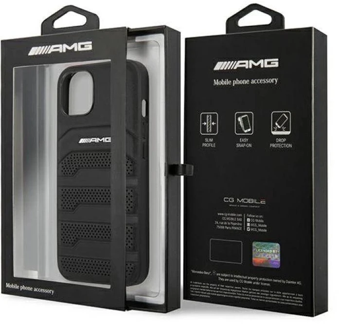 Mercedes AMG AMHCP14MGSEBK Apple iPhone 14 Plus / 15 Plus 6.7″ juodos spalvos kietas dėklas with Leather Debossed Lines