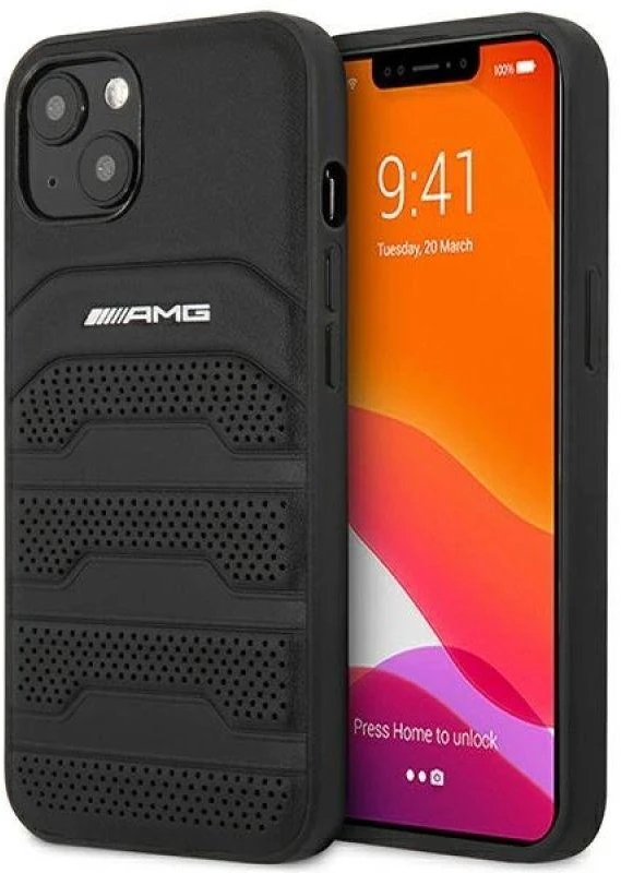 Mercedes AMG AMHCP14MGSEBK Apple iPhone 14 Plus / 15 Plus 6.7″ juodos spalvos kietas dėklas with Leather Debossed Lines