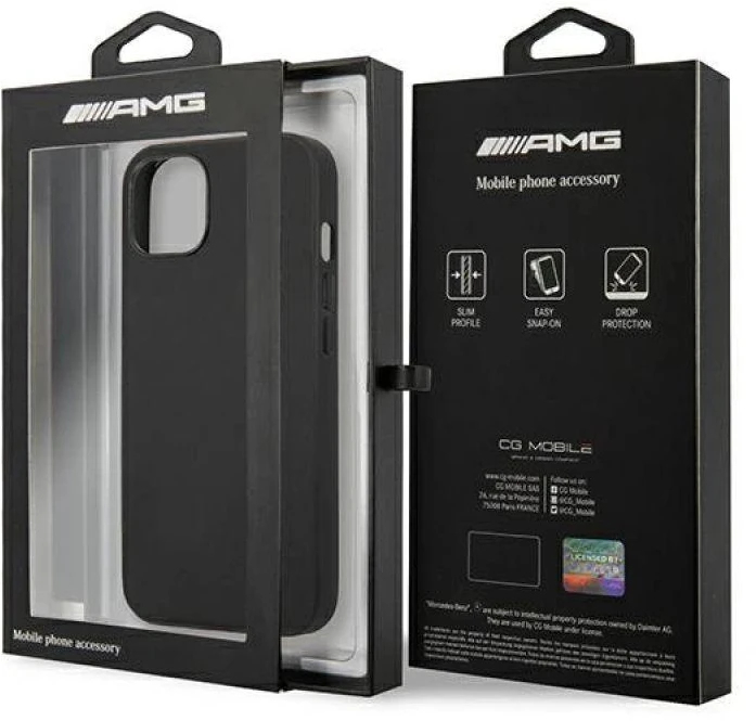 Mercedes AMG AMHCP14SDOLBK Apple iPhone 14 / 15 / 13 6.1″ juodos spalvos kietas dėklas with Leather Hot Stamped design