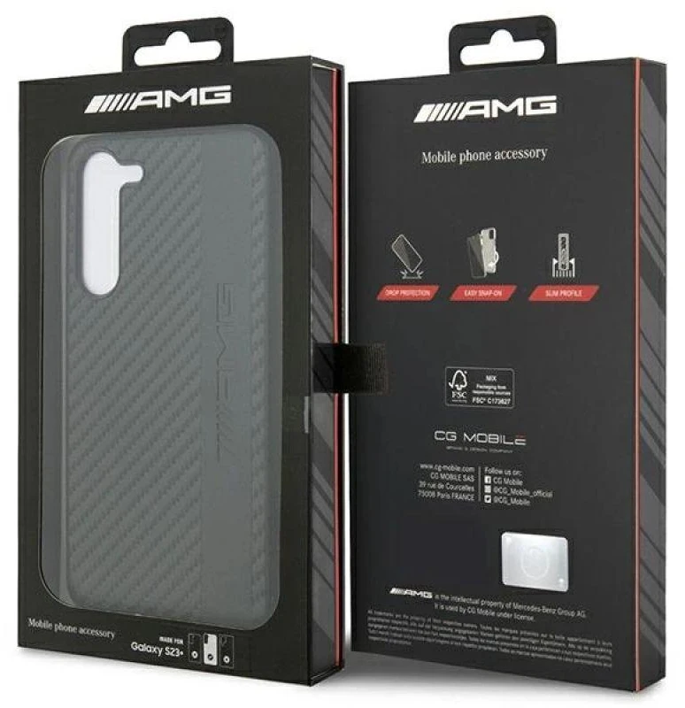 Mercedes Benz Samsung Galaxy S23 Plus Mercedes AMG dėklas Carbon Stripe&Embossed (AMHCS23MBLSCA) juodos spalvos