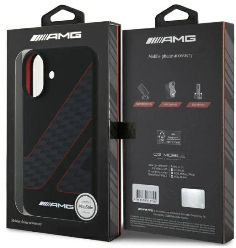 Mercedes AMG AMHMP16S2SCFR Apple iPhone 16 6,1″ juodos spalvos kietas dėklas Checkered Flag Pattern MagSafe