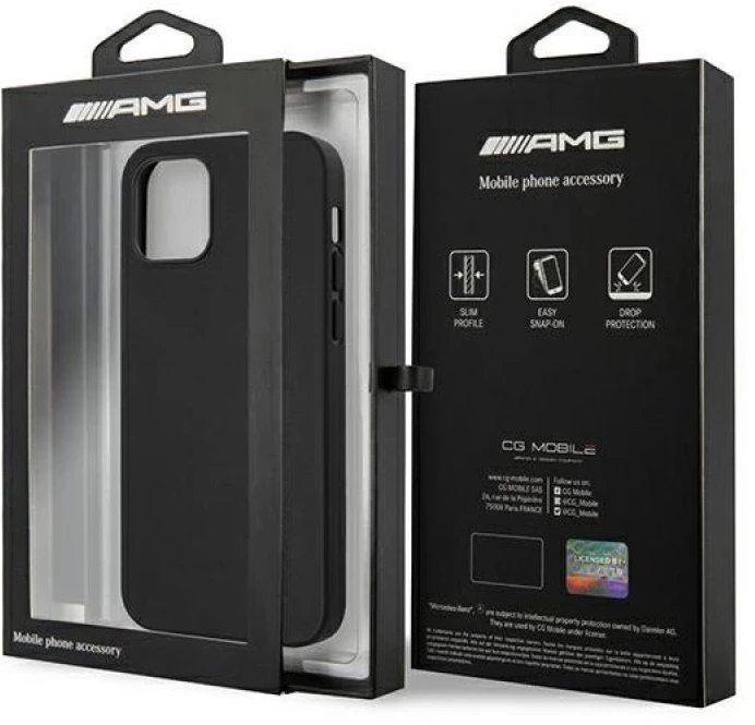 Mercedes AMG AMHCP12LDOLBK Apple iPhone 12 Pro Max 6,7″ juodos spalvos kietas dėklas Leather Hot Stamped