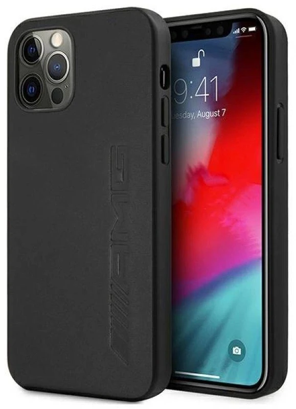 Mercedes AMG AMHCP12LDOLBK Apple iPhone 12 Pro Max 6,7″ juodos spalvos kietas dėklas Leather Hot Stamped