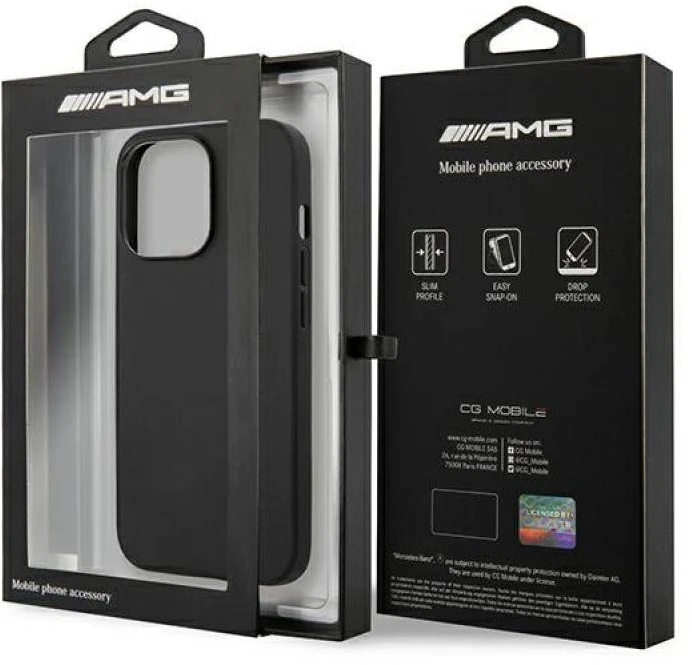 Mercedes AMG AMHCP13LDOLBK Apple iPhone 13 Pro / 13 6,1″ juodos spalvos kietas dėklas Leather Hot Stamped