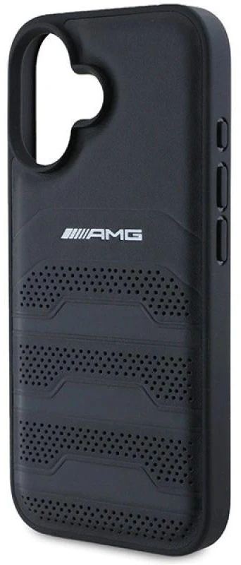 Mercedes AMG AMHCP16SGSEBK Apple iPhone 16 6.1″ juodos spalvos kietas dėklas Leather Debossed Lines juodos spalvos Logo