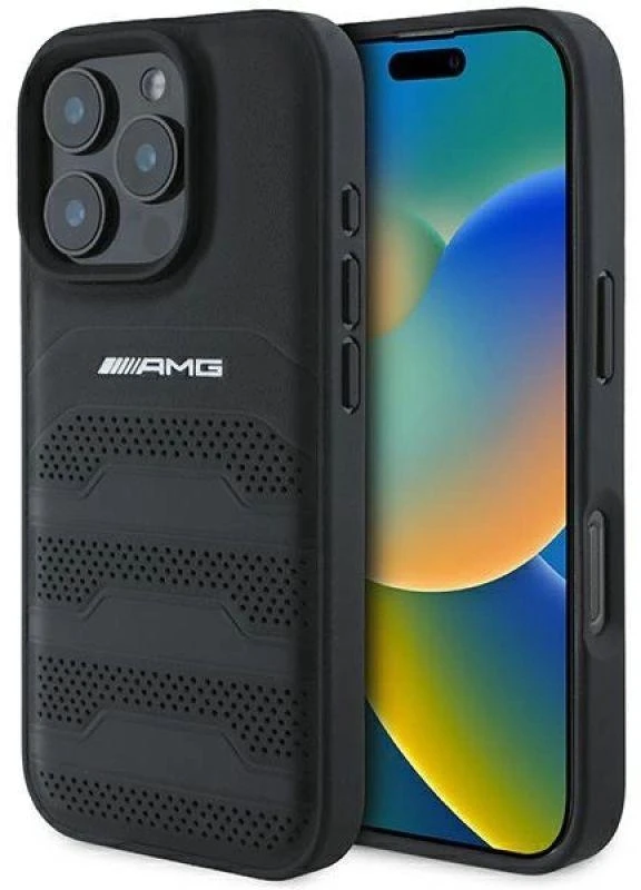 Mercedes AMG Leather Debossed Lines dėklas telefonui juodos spalvos Logo Apple iPhone 16 Pro Max Case - dėklas telefonui juodos spalvos