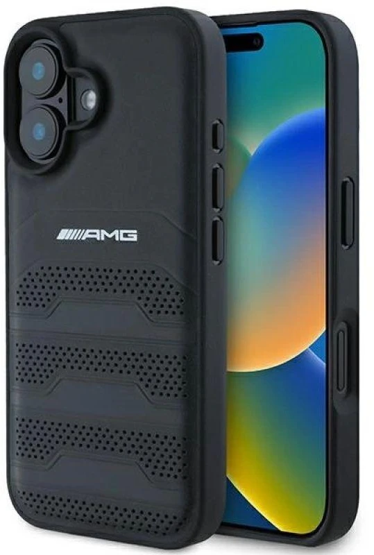 Mercedes AMG AMHCP16SGSEBK Apple iPhone 16 6.1″ juodos spalvos kietas dėklas Leather Debossed Lines juodos spalvos Logo