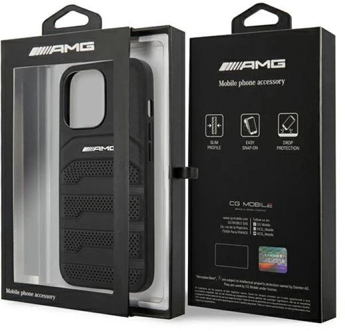 Team Group Mercedes AMG AMHCP13LGSEBK Apple iPhone 13 Pro / 13 6,1″ juodos spalvos kietas dėklas Leather Debossed Lines