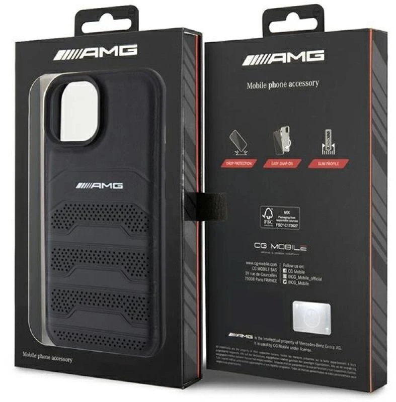 Mercedes AMG AMHCP15MGSEBK Apple iPhone 15 Plus / 14 Plus 6.7″ juodos spalvos kietas dėklas with Leather Debossed Lines