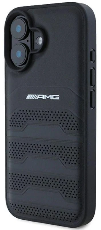 Mercedes AMG AMHCP16SGSEBK Apple iPhone 16 6.1″ juodos spalvos kietas dėklas Leather Debossed Lines juodos spalvos Logo