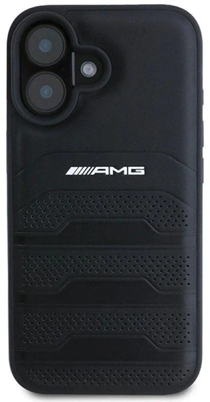 Mercedes AMG AMHCP16SGSEBK Apple iPhone 16 6.1″ juodos spalvos kietas dėklas Leather Debossed Lines juodos spalvos Logo
