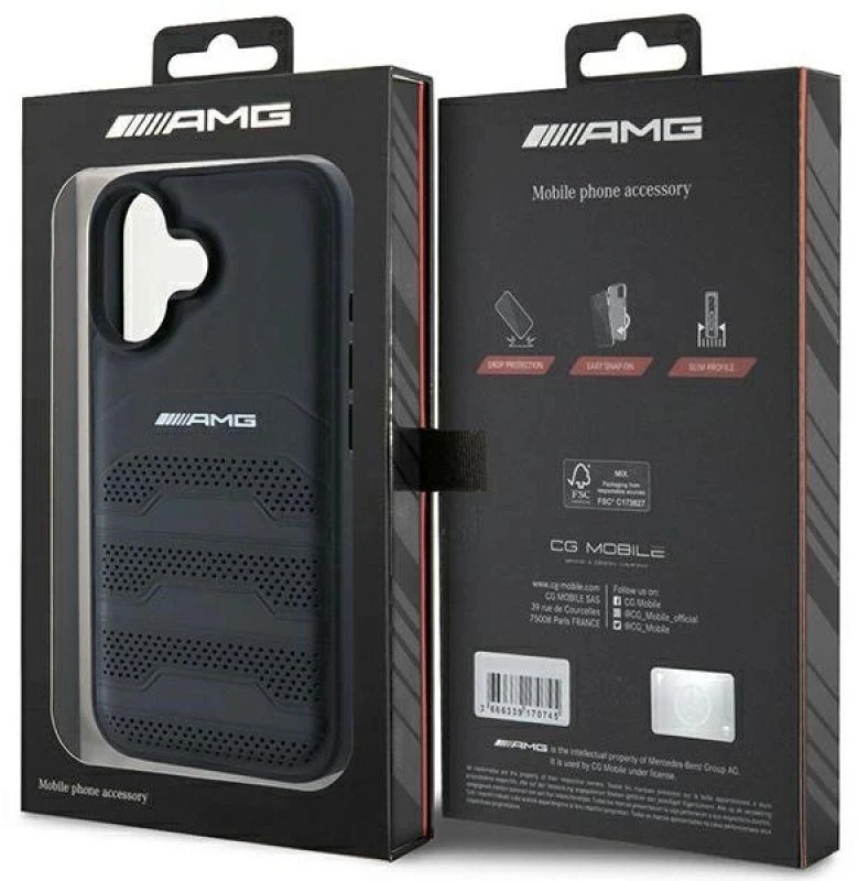 Mercedes AMG AMHCP16SGSEBK Apple iPhone 16 6.1″ juodos spalvos kietas dėklas Leather Debossed Lines juodos spalvos Logo