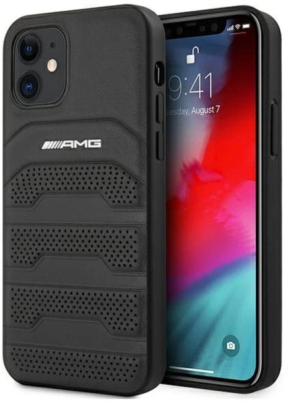 Mercedes AMG AMHCP12SGSEBK Apple iPhone 12 mini 5,4″ juodos spalvos kietas dėklas Leather Debossed Lines