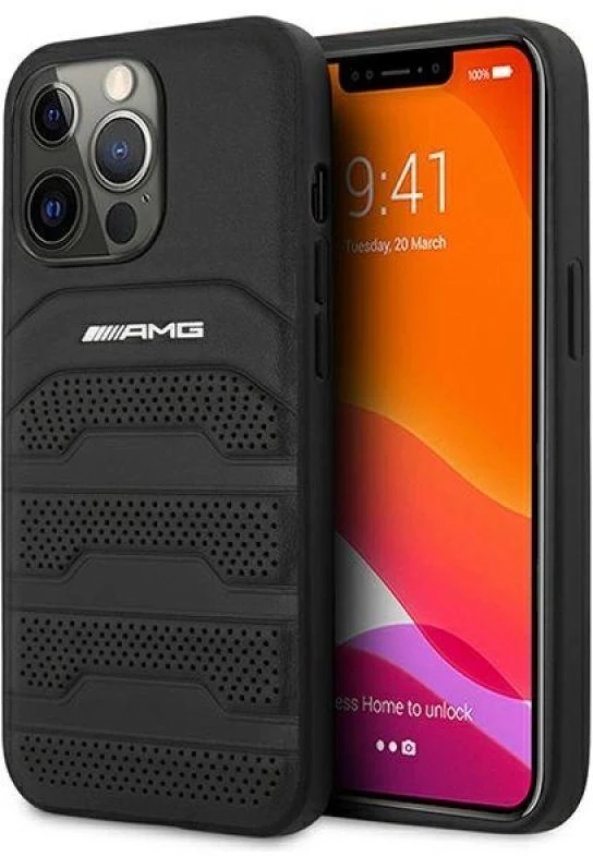Team Group Mercedes AMG AMHCP13LGSEBK Apple iPhone 13 Pro / 13 6,1″ juodos spalvos kietas dėklas Leather Debossed Lines