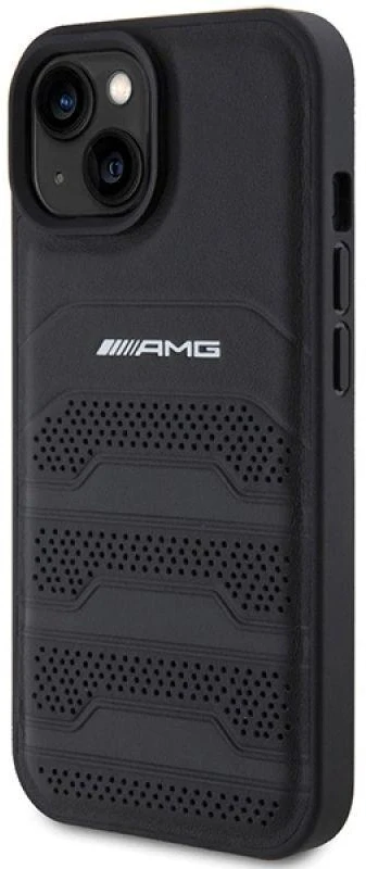 Mercedes AMG AMHCP15MGSEBK Apple iPhone 15 Plus / 14 Plus 6.7″ juodos spalvos kietas dėklas with Leather Debossed Lines