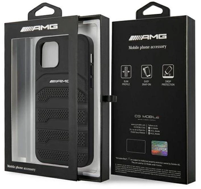 Mercedes AMG AMHCP12SGSEBK Apple iPhone 12 mini 5,4″ juodos spalvos kietas dėklas Leather Debossed Lines