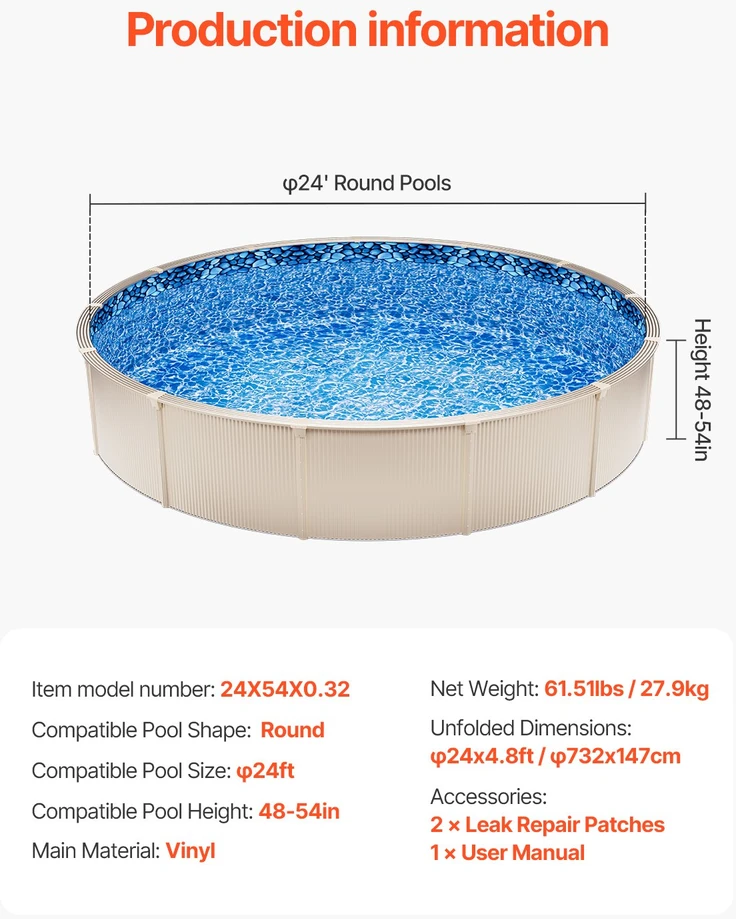 VEVOR Apvali baseino plėvelė 732 cm, užklojama