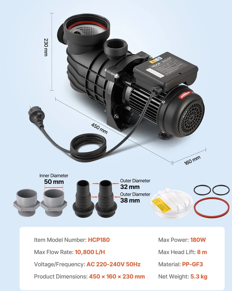 VEVOR Baseino siurblys, 180W, maksimali srovė 10,800 L/h