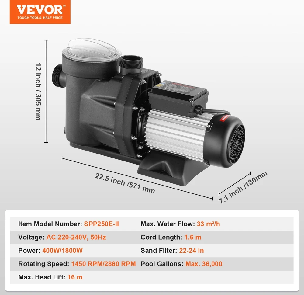VEVOR Baseino siurblys, 1800W 2AG, dviejų greičių