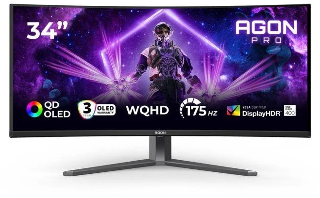 Monitorius AOC | AGON PRO AG346UCD | 34 " | OLED | WQHD | 21:9 | 175 Hz | 0.03 ms | 3440 x 1440 pikselių | 250 cd/m² | HDMI jungtys quantity 2