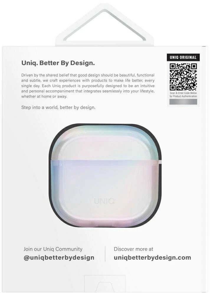 „Uniq Iridescia“ dėklas, skirtas „AirPods 4“ ausinėms, pakabinamas dėklas – holografinis baltas