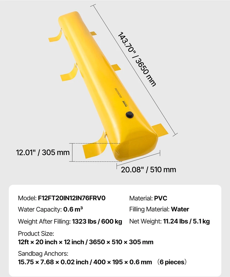 VEVOR Potvynių barjeras PVC, 3,66 m x 30,5 cm