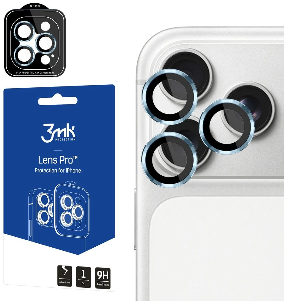 3MK Lens Protection Pro fotoaparato objektyvo apsauga, skirta iPhone 17 Pro / 17 Pro Max, mėlyna