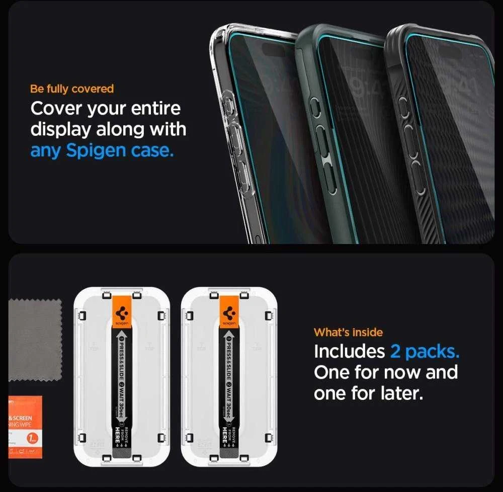 Apsauginis stiklas telefonui Apple iPhone 15 Spigen Glas.tr „EZ Fit” Privacy 2-pack