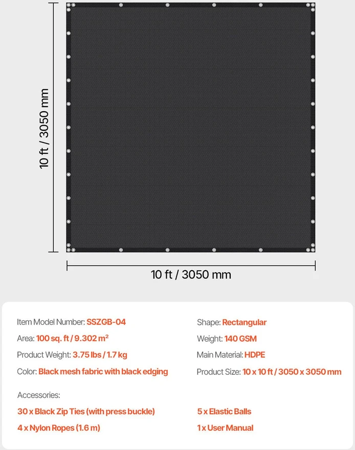 VEVOR 90% saulės uždanga 10 x 10 ft sodo kiemui (juoda)